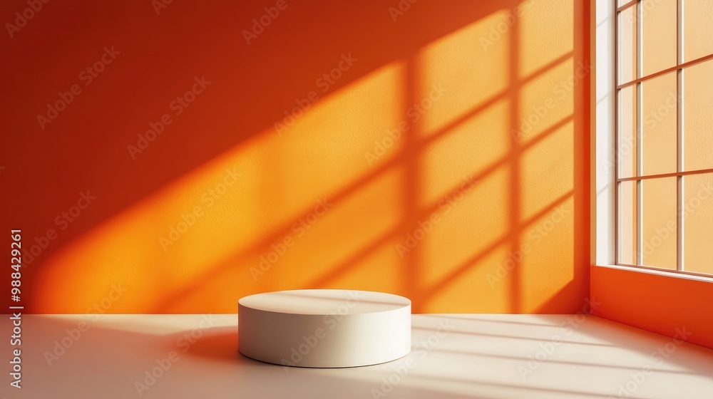 White Cylinder Platform Against Orange Wall and Window with Sunlight White Cylinder Platform Against Orange Wall and Window with Sunlight