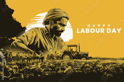 Happy Labor Day. A farmer is seen doing farming in this with tractor with yellow background