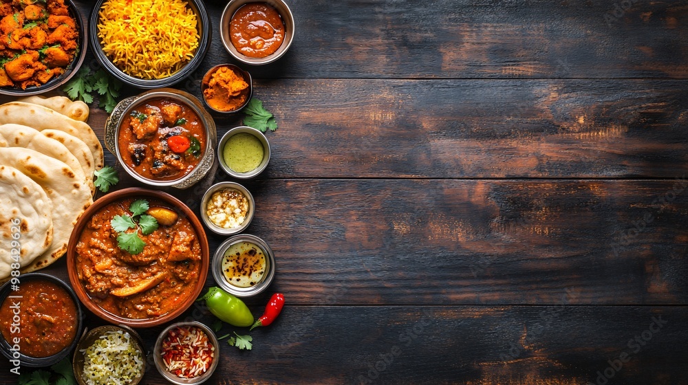 Indian Food - Curry, Naan, and Rice on Dark Wooden Background. Indian Food - Curry, Naan, and Rice on Dark Wooden Background.