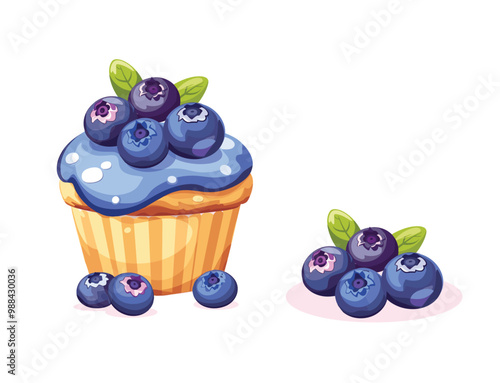 Blueberry Muffin and Berries Vector Illustration. Fresh Cake and Heap of Blueberries Isolated on White.