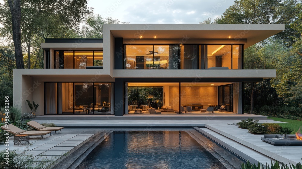 Modern house with large windows and a pool in a lush setting. Modern house with large windows and a pool in a lush setting.