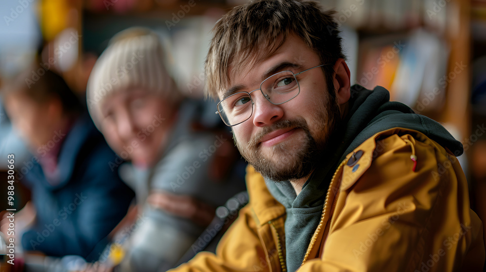Down-syndrome man attending education class in community center, inclusivity of disabled person Down-syndrome man attending education class in community center, inclusivity of disabled person