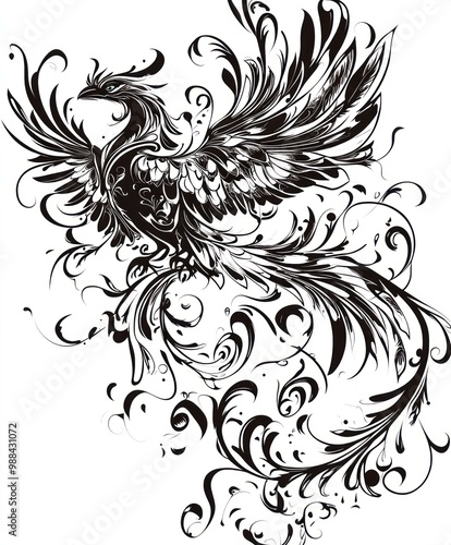 Black and white line art illustration of a phoenix with intricate floral details.