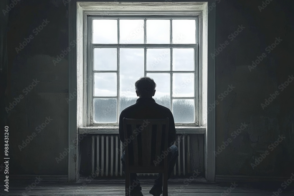 A person slouched in a chair in a dull, colorless room, staring blankly out of a window A person slouched in a chair in a dull, colorless room, staring blankly out of a window