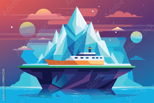 A stunning iceberg towers over a tranquil ocean, with a ship navigating its waters under a dazzling twilight sky filled with stars and planets.