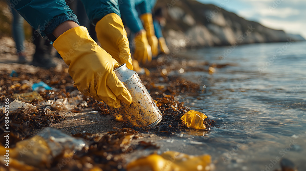 Obraz premium Volunteer collecting garbage on the beach. Close-up of hands in yellow gloves picking up trash from the sea.