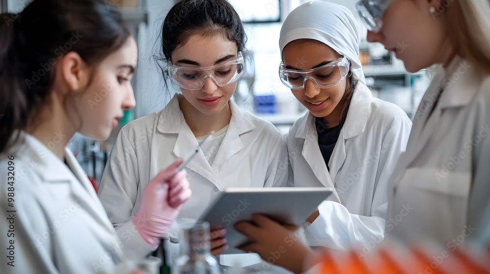 Diverse group of women in lab coats using a tablet and looking at it together Diverse group of women in lab coats using a tablet and looking at it together
