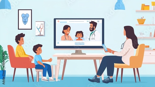 An image of a family participating in a virtual doctor visit, discussing the health of their child with a pediatrician online.