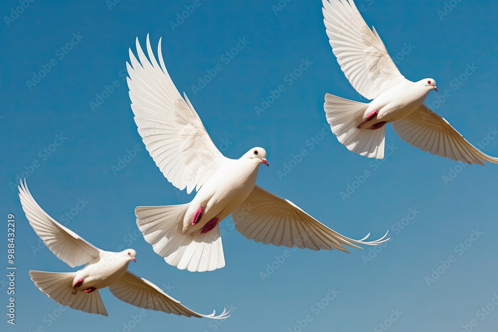 Fototapeta premium Elegant White Doves Soaring in Clear Skies