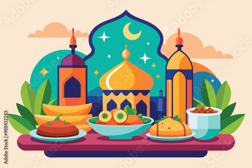 A beautifully arranged Iftar dinner featuring various traditional dishes, set against a vibrant backdrop of decorated mosques at sunset.