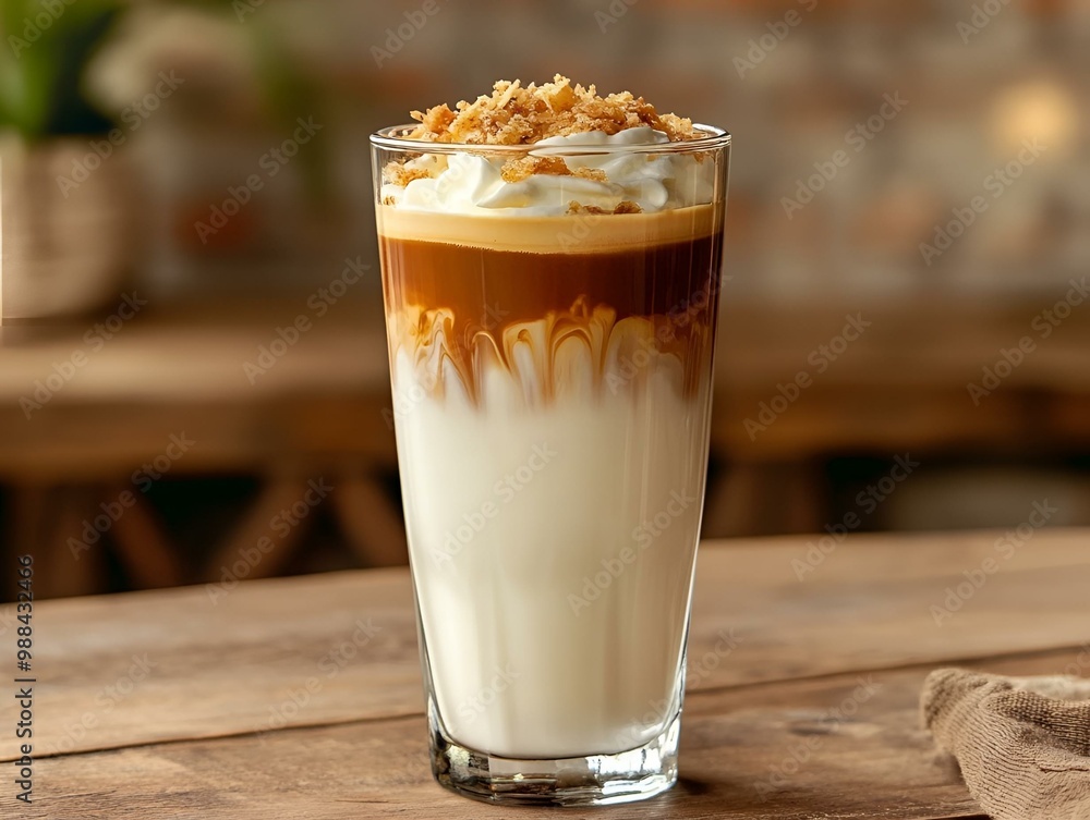 Layered Caramel Macchiato Coffee with Whipped Cream and Cookie Crumbles in Clear Glass on Wooden Table. Layered Caramel Macchiato Coffee with Whipped Cream and Cookie Crumbles in Clear Glass on Wooden Table.