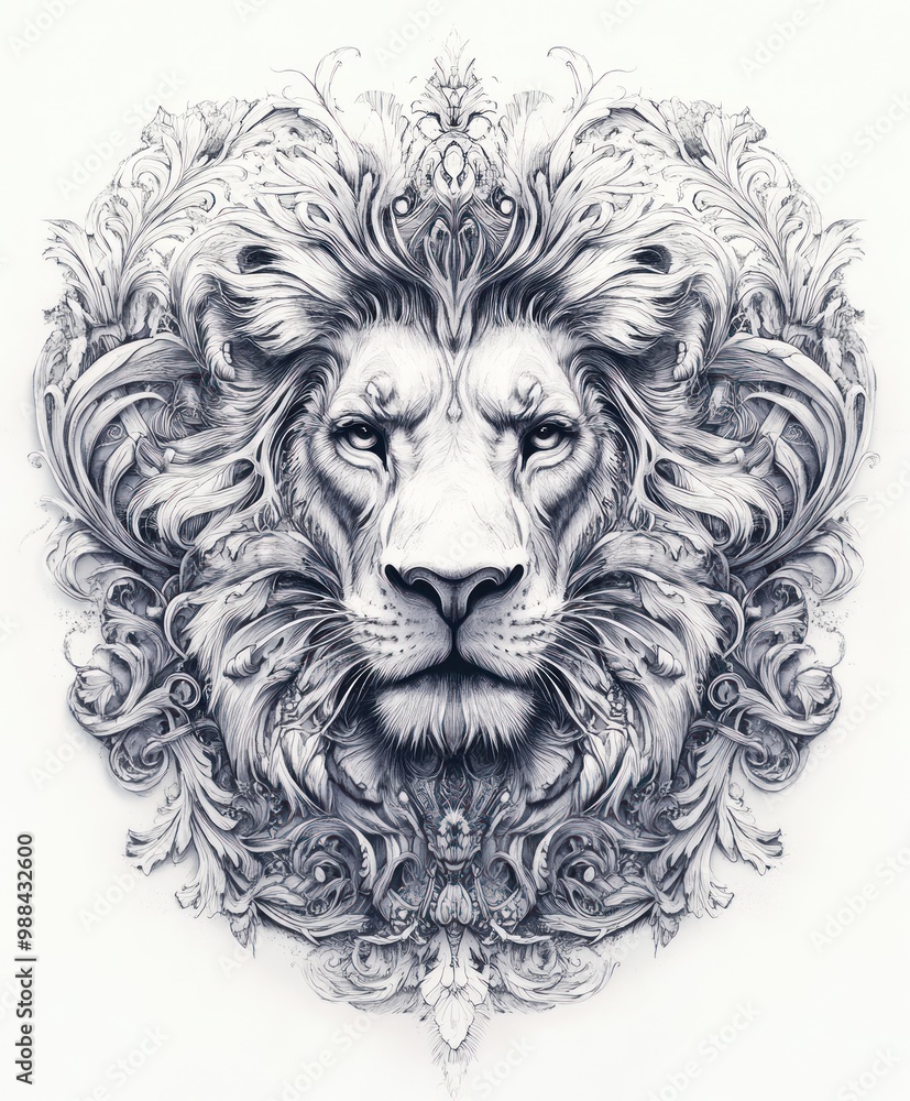 A detailed, realistic illustration of a lion's head, rendered in a detailed, intricate style, with a ornate floral frame. The lion appears majestic and powerful, with a strong gaze. A detailed, realistic illustration of a lion's head, rendered in a detailed, intricate style, with a ornate floral frame. The lion appears majestic and powerful, with a strong gaze.