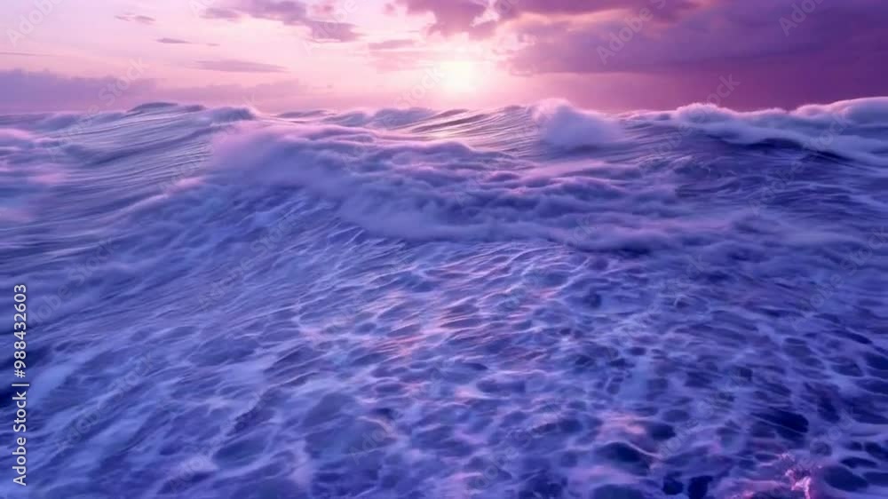 A serene ocean scene at sunset with waves reflecting purple and pink hues. A serene ocean scene at sunset with waves reflecting purple and pink hues.