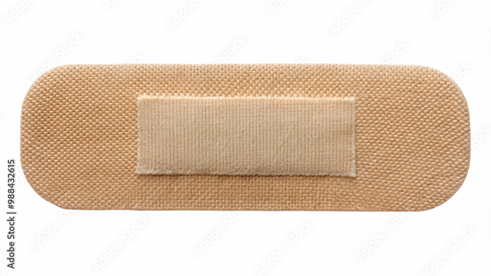Beige sticking plaster with adhesive side facing up on white background, beige, sticking plaster, adhesive Beige sticking plaster with adhesive side facing up on white background, beige, sticking plaster, adhesive