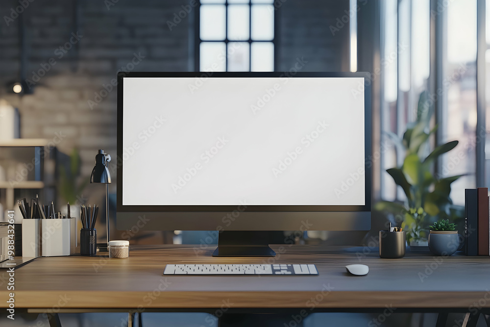 Modern Workspace with Computer, Desk, and Plants - Realistic Image Modern Workspace with Computer, Desk, and Plants - Realistic Image