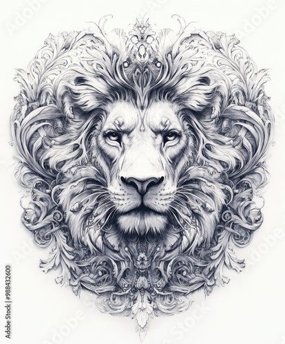 A detailed, realistic illustration of a lion's head, rendered in a detailed, intricate style, with a ornate floral frame. The lion appears majestic and powerful, with a strong gaze.  photo