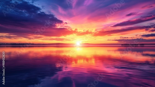 a majestic sunset over a tranquil lake with vibrant colors reflecting on the water.