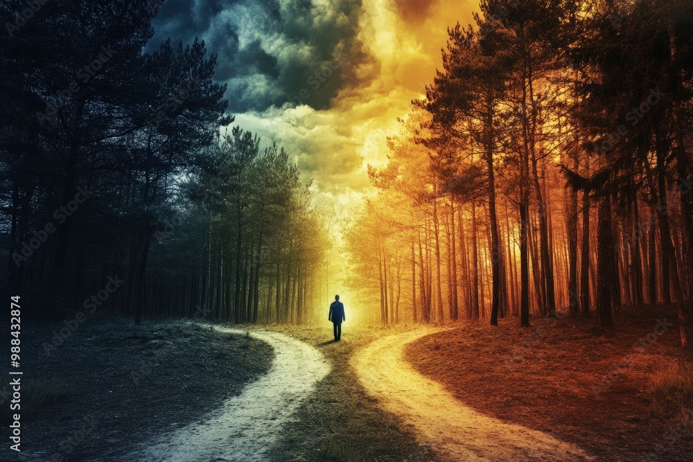 Obraz premium A person standing at a fork in a forest path, each path leading in different directions