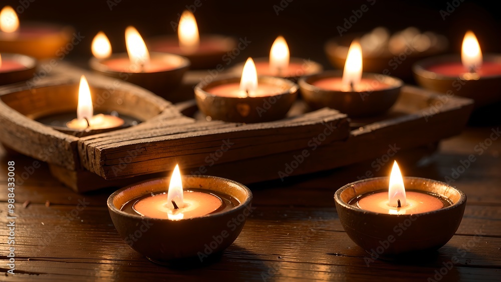 Diwali night view with burning oil lamps flickering Diwali night view with burning oil lamps flickering