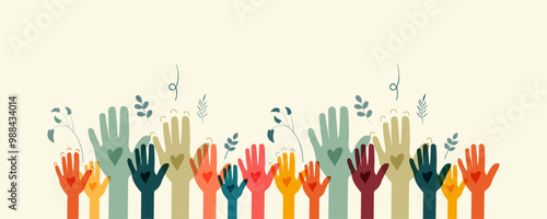 Raised hands. Volunteering, teamwork concert.