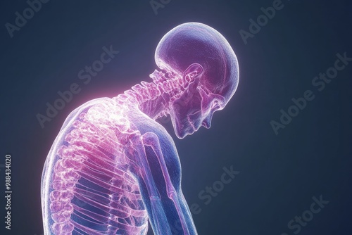 Intricate Visualization of a Male Head and Neck with Detailed Skeleton Structure Exposed, Showcasing the Human Anatomy and Connection Between Flesh and Bone photo