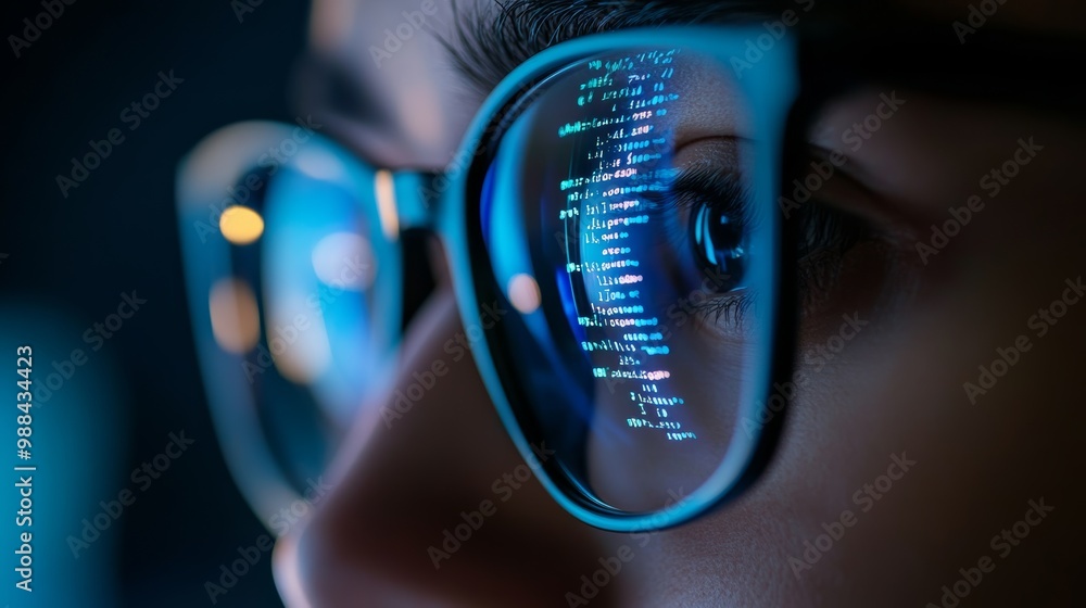 Reflective Software Tech Reflection of colorful code in a programmer's glasses during a complex ...