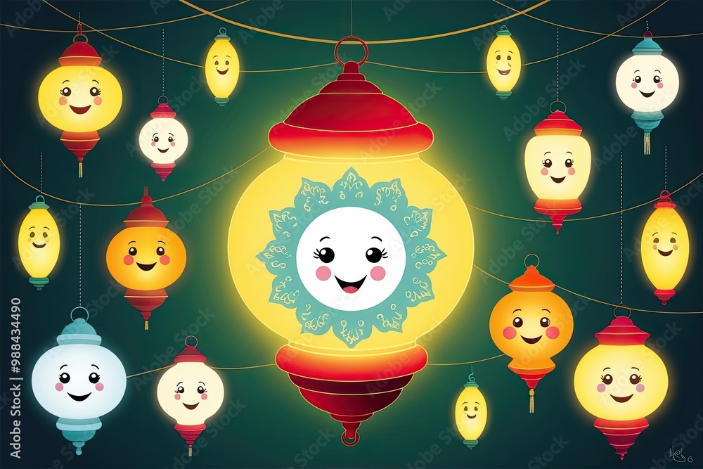 Fototapeta premium Whimsical Glowing Lantern Art Featuring Joyful Symbols and Cheerful Faces