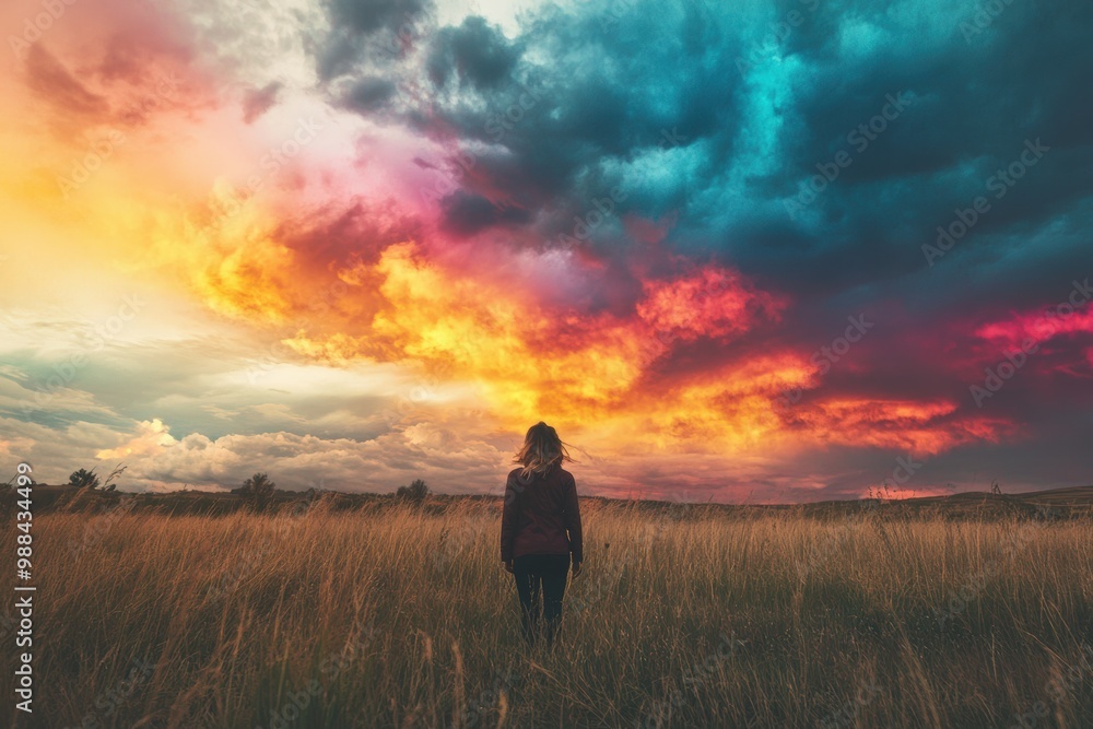A person standing in an open field, mouth slightly open in shock, as the sky erupts in vibrant colors A person standing in an open field, mouth slightly open in shock, as the sky erupts in vibrant colors