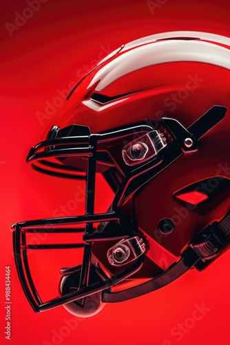 A close-up shot of a football helmet against a red background, ideal for sports-themed designs or promotions