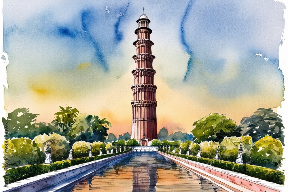 Naklejka premium Breathtaking Watercolor Illustration of Qutub Minar Landmark in India