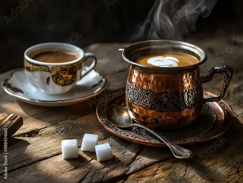 Steaming Latte Art Coffee in Vintage Cup on Rustic Wooden Table with Sugar Cubes and Spoon. photo