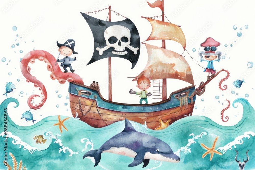 Naklejka premium A pirate ship sailing on the open ocean with clouds and sea visible