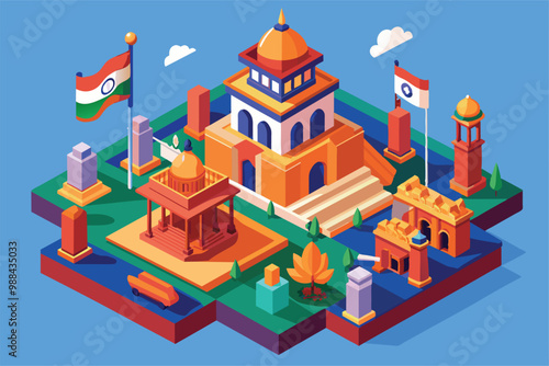 Explore a colorful isometric illustration showcasing India's monuments and symbols, perfect for celebrating Republic Day festivities.