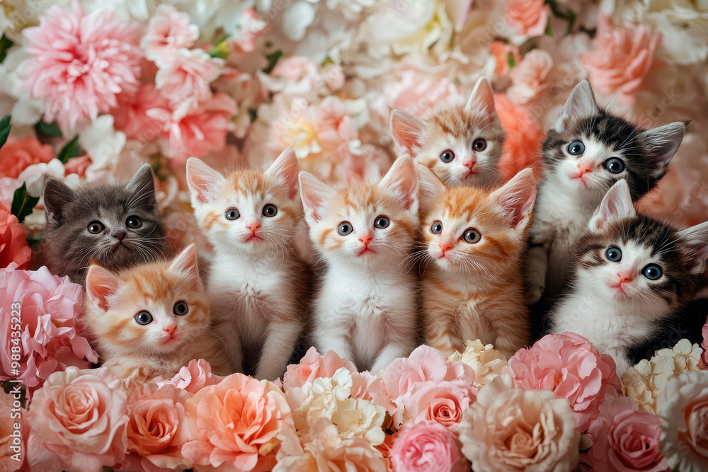 Fototapeta premium Many adorable kittens posing amidst colorful flowers in a garden.