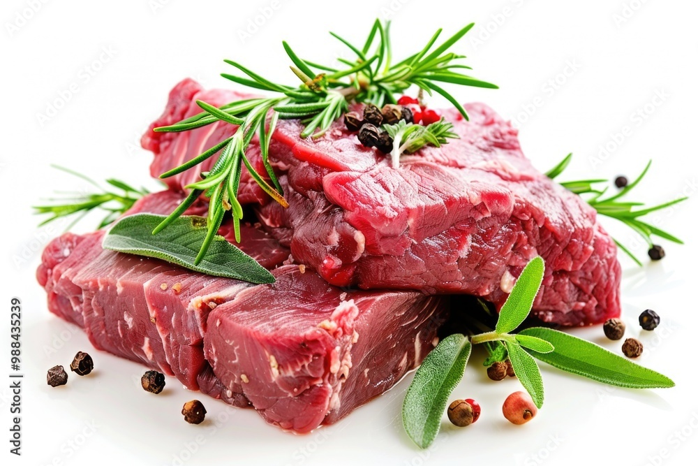 A pile of raw meat lies on a clean and smooth white surface A pile of raw meat lies on a clean and smooth white surface