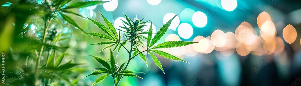 Close-up of vibrant cannabis plant leaves with blurred background lights. Close-up of vibrant cannabis plant leaves with blurred background lights.