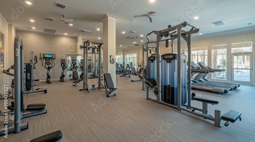 Modern Fitness Center with Gym Equipment and Machinery