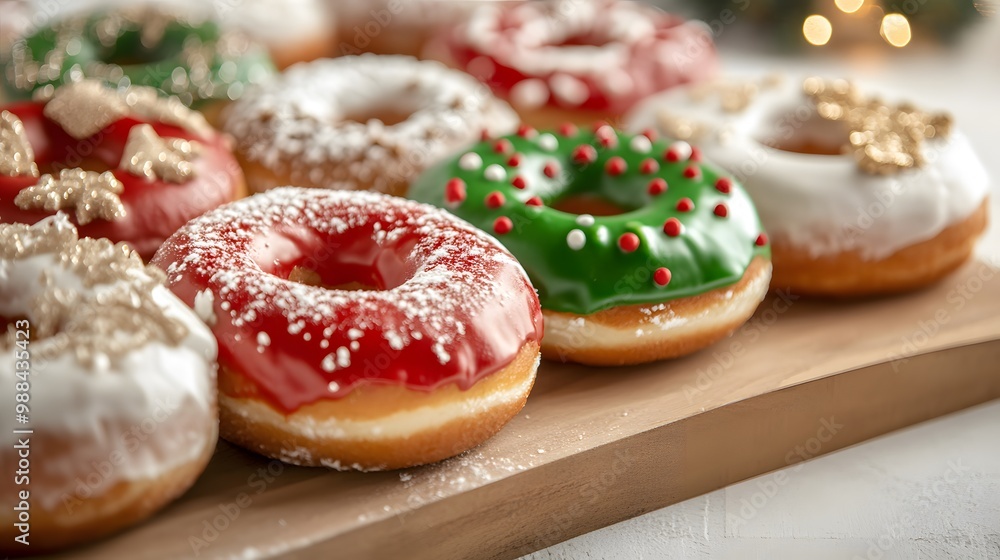 Christmas-themed donuts decorated with red, green, and white icing, Generative AI Christmas-themed donuts decorated with red, green, and white icing, Generative AI