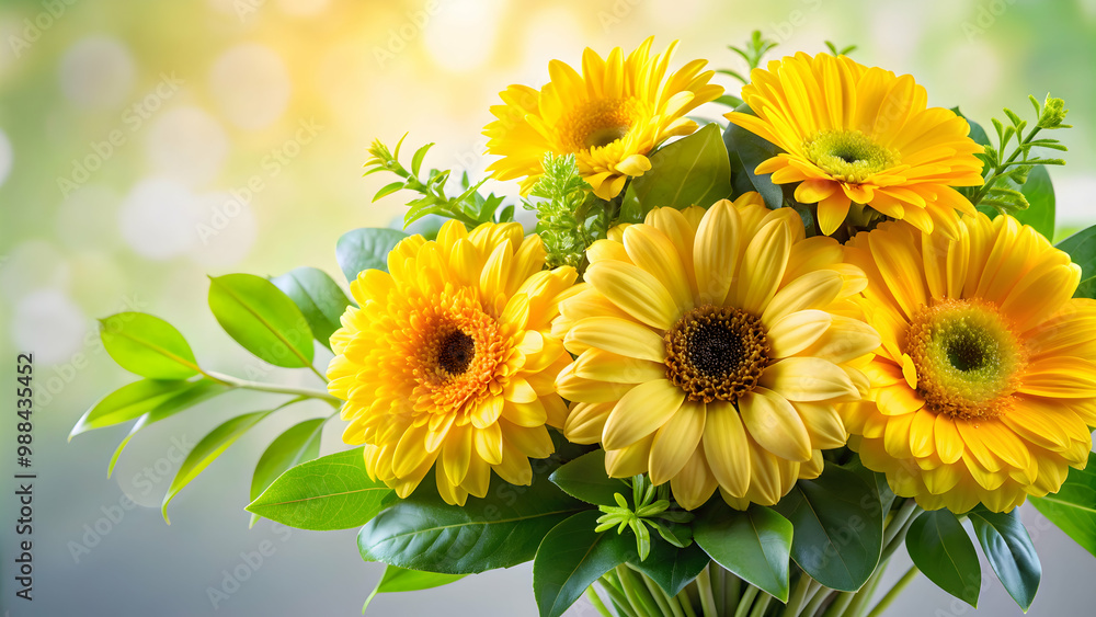 Yellow flower arrangement with four vibrant flowers and fresh green leaves, yellow, flower, arrangement, vibrant, four, green Yellow flower arrangement with four vibrant flowers and fresh green leaves, yellow, flower, arrangement, vibrant, four, green