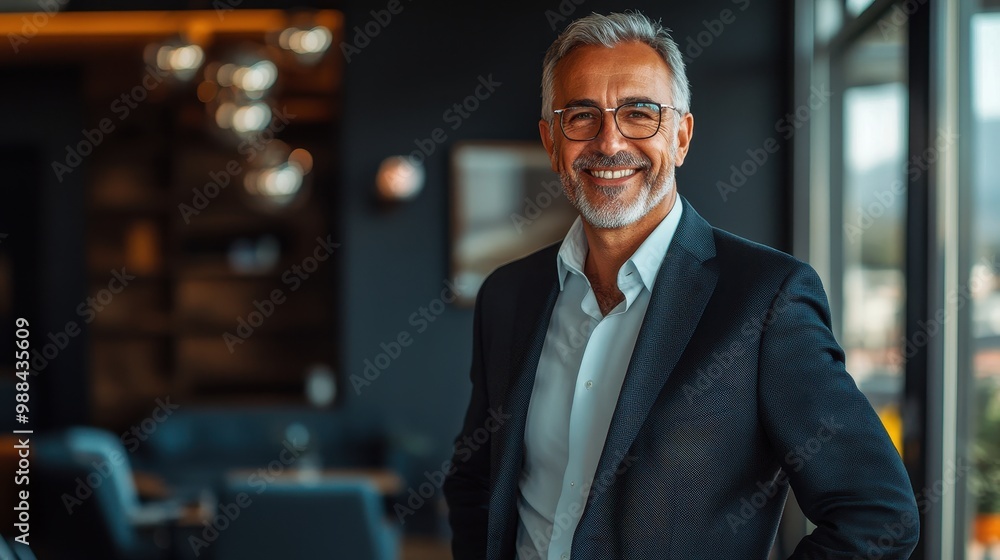 Confident Mature Businessman in Modern Office Setting with Natural Light and Stylish Interior Design Confident Mature Businessman in Modern Office Setting with Natural Light and Stylish Interior Design