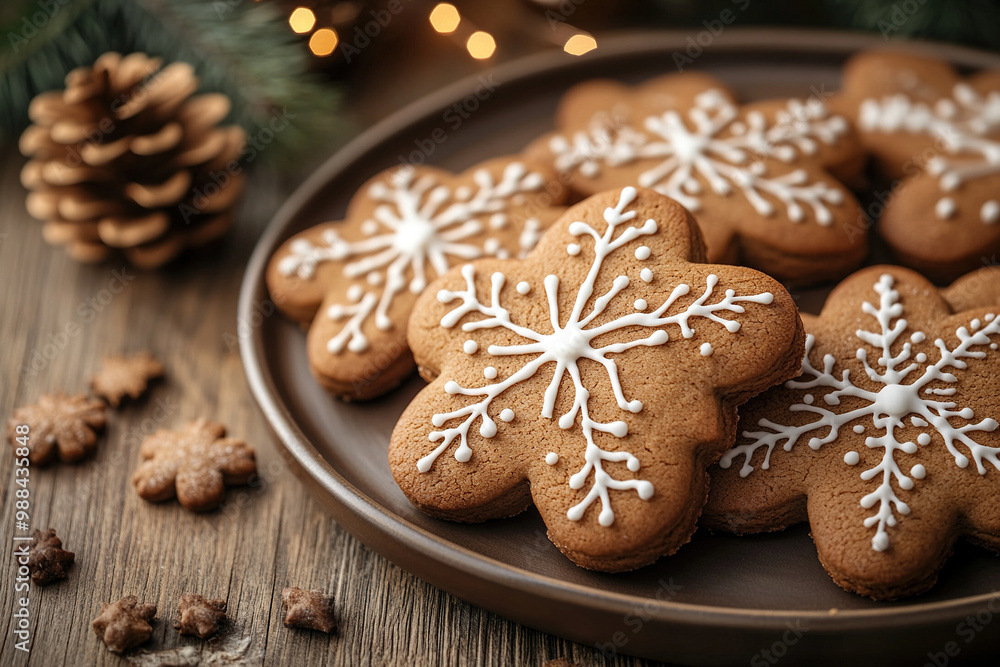 Christmas baking, cooking and food concept. Close up of iced cookies on wooden table top Christmas baking, cooking and food concept. Close up of iced cookies on wooden table top