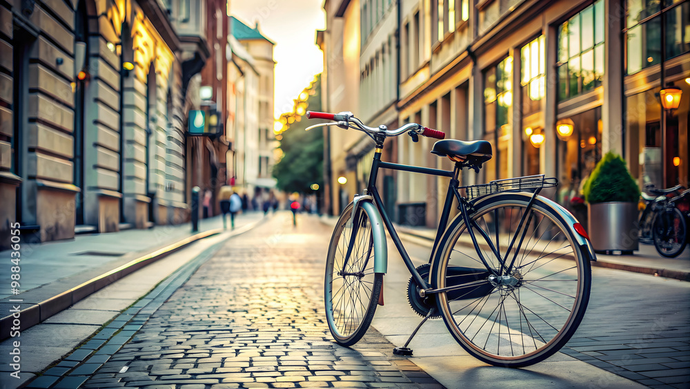 Bicycle parked on the busy city street , urban, transportation, commuting, vehicle, cycling, city life, pavement, outdoors Bicycle parked on the busy city street , urban, transportation, commuting, vehicle, cycling, city life, pavement, outdoors