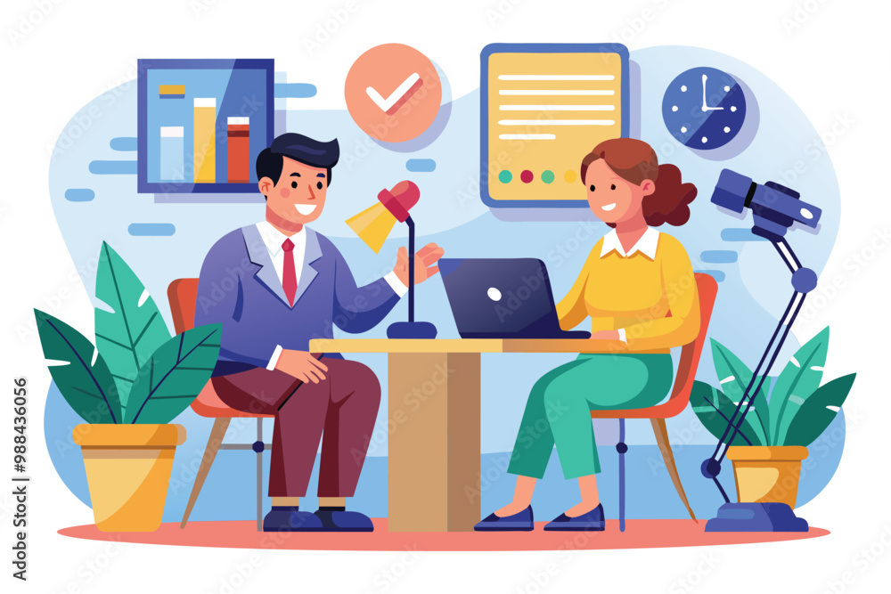 Two individuals engage in a friendly interview at a well-decorated office, with plants and a laptop, highlighting a professional atmosphere. Two individuals engage in a friendly interview at a well-decorated office, with plants and a laptop, highlighting a professional atmosphere.