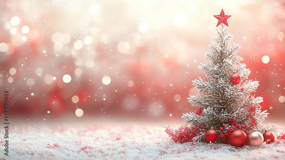 Christmas tree with star and tree decorations on blurred background with snow and glare. Festive Christmas banner with bokeh and copy space. Generated by artificial intelligence Christmas tree with star and tree decorations on blurred background with snow and glare. Festive Christmas banner with bokeh and copy space. Generated by artificial intelligence