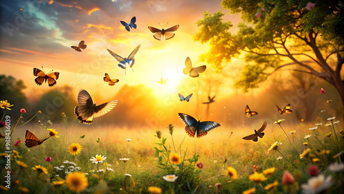 Beautiful scene of birds and butterflies flying during the golden hour in a serene natural setting , nature, wildlife