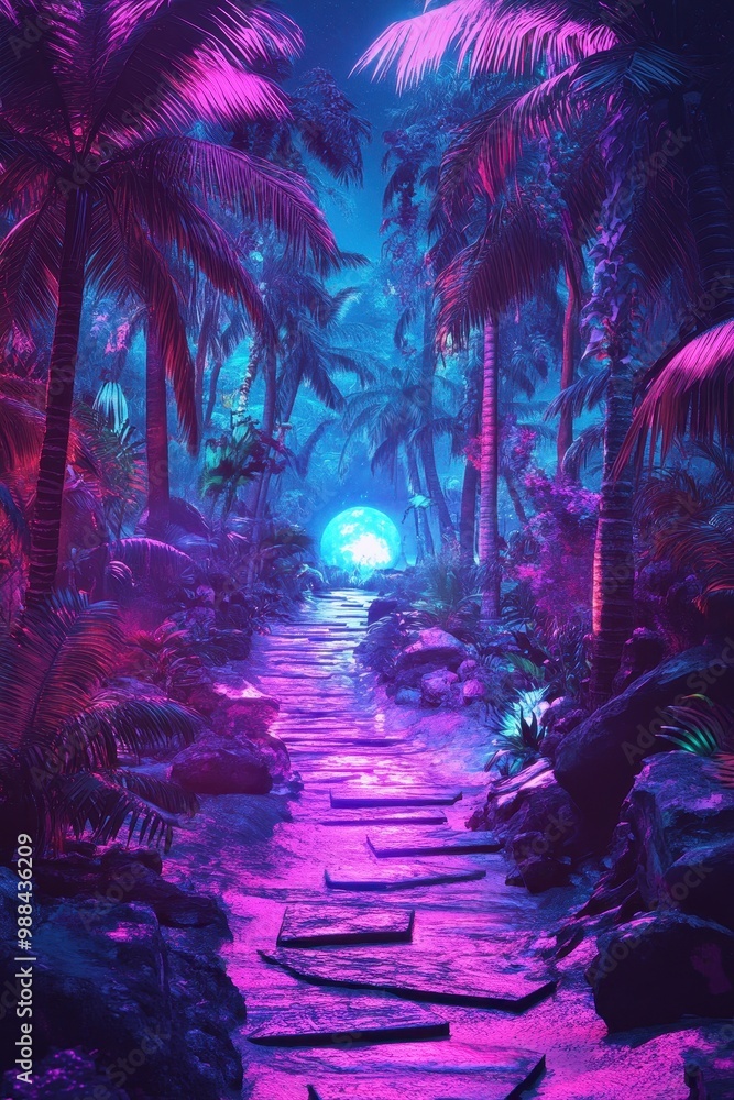 Obraz premium Enchanting Neon Jungle Pathway Illuminated by Moonlight in a Tropical Paradise