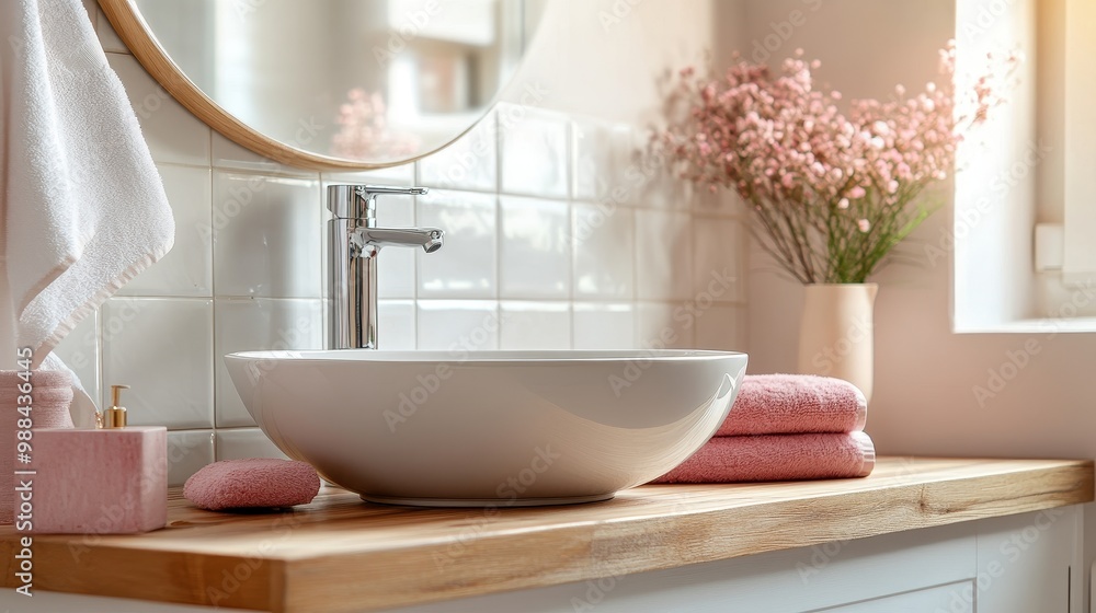 Fototapeta premium Modern Bathroom Interior with Stylish Sink, Wooden Countertop, and Pink Towels in Soft Natural Light
