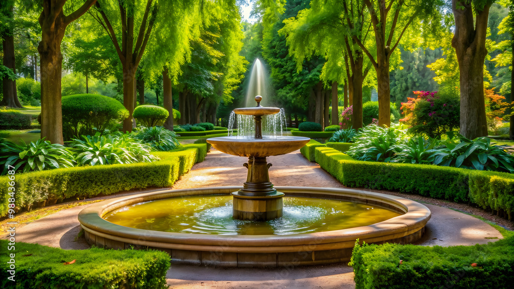 Tranquil fountain in the park surrounded by lush greenery, fountain, park, serene, peaceful, relaxation, water feature Tranquil fountain in the park surrounded by lush greenery, fountain, park, serene, peaceful, relaxation, water feature