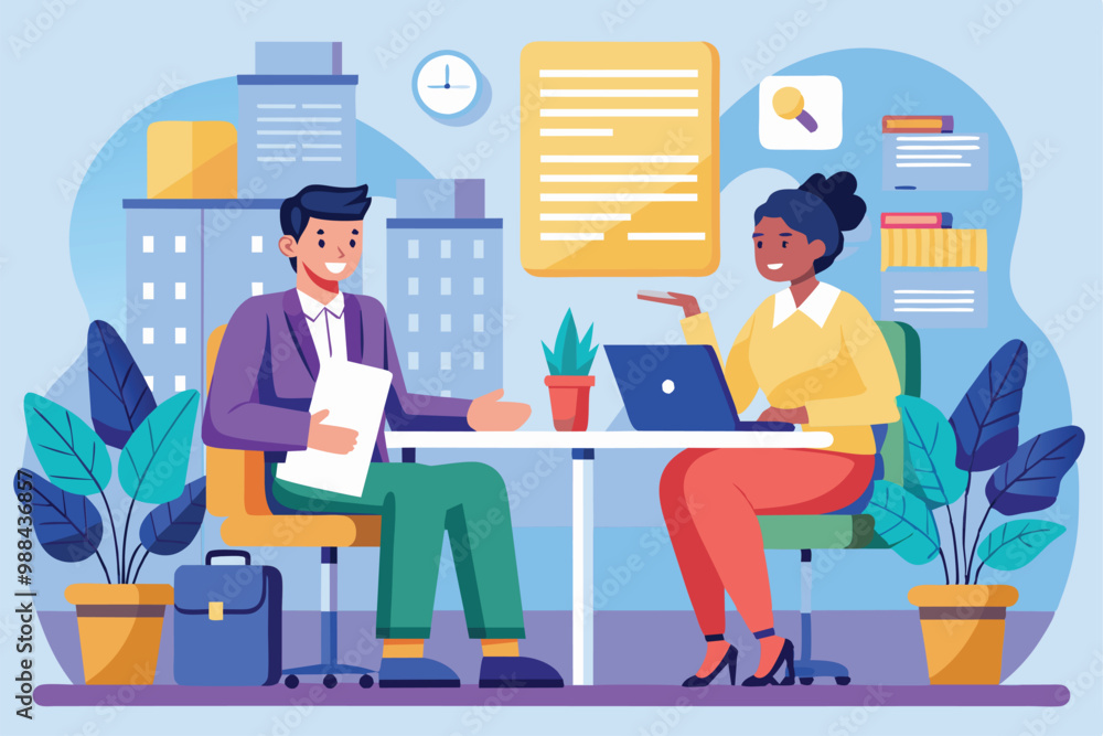 A dynamic discussion takes place as a man and woman engage in an interview at a contemporary office, surrounded by plants and cityscape. A dynamic discussion takes place as a man and woman engage in an interview at a contemporary office, surrounded by plants and cityscape.