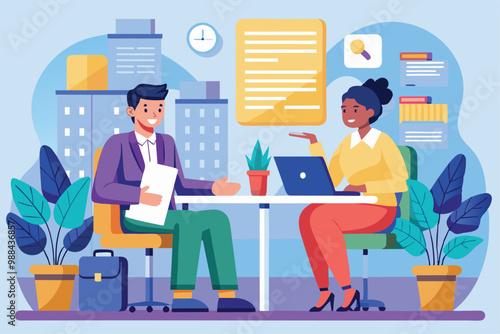 A dynamic discussion takes place as a man and woman engage in an interview at a contemporary office, surrounded by plants and cityscape.